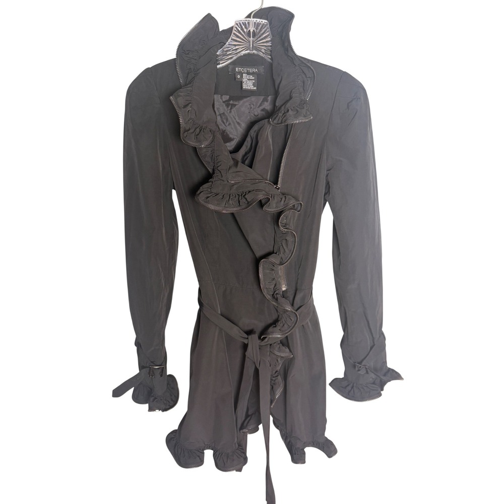 Etcetera Ruffle Jacket Womens 0 Black Cotton Blend Zipper Trim Belted Blazer